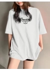 Thousand Baskılı Oversize Bisiklet Yaka T-shirt - Beyaz