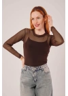 Transparan Kahverengi Tül Basic Bluz
