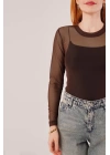 Transparan Kahverengi Tül Basic Bluz