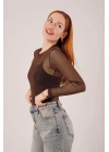 Transparan Kahverengi Tül Basic Bluz