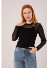 Transparan Siyah Tül Basic Bluz
