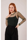 Transparan Yeşil Tül Basic Bluz