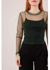 Transparan Yeşil Tül Basic Bluz