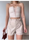 Tüllü deri crop bej w24615