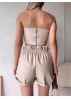 Tüllü deri crop bej w24615
