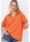 Turuncu Oversize Polo Yaka Örme Bluz 0486
