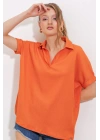 Turuncu Oversize Polo Yaka Örme Bluz 0486