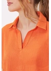 Turuncu Oversize Polo Yaka Örme Bluz 0486