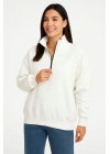 Üç İplik Dık Yaka Yarım Fermuarlı SweatShirt - Beyaz