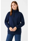Üç İplik Dık Yaka Yarım Fermuarlı SweatShirt - Lacivert