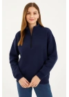 Üç İplik Dık Yaka Yarım Fermuarlı SweatShirt - Lacivert