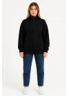 Üç İplik Dık Yaka Yarım Fermuarlı SweatShirt - Siyah