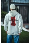 Üç İplik Kapşonlu Baskılı Oversize SweatShirt- Beyaz