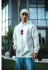 Üç İplik Kapşonlu Baskılı Oversize SweatShirt- Beyaz