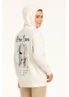 Üç İplik Kapşonlu ön Ve Arka Baskılı SweatShirt Hoodie- Beyaz