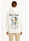 Üç İplik Kapşonlu ön Ve Arka Baskılı SweatShirt Hoodie- Beyaz
