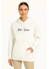 Üç İplik Kapşonlu ön Ve Arka Baskılı SweatShirt Hoodie- Beyaz