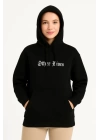 Üç İplik Kapşonlu ön Ve Arka Baskılı SweatShirt Hoodie- Siyah