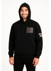 Üç İplik Kapüşonlu Ön Ve Arka Baskılı SweatShirt Hoodie - Siyah