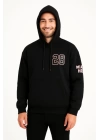 Üç İplik Kapüşonlu Ön Ve Arka Baskılı SweatShirt Hoodie - Siyah