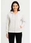 Üç İplik Kapüşonlu Tam Fermuarlı Kanguru Çepli SweatShirt Hoodie - Beyaz
