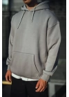 Üç İplik Penye Kapşonlu Basic SweatShirt - Boyalı Gri