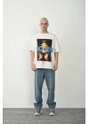 Unisex Baskılı Bisiklet Yaka Oversize T-Shirt - Beyaz