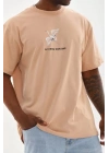 Unisex Baskılı Oversize T-Shirt - Bej