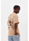 Unisex Baskılı Oversize T-Shirt - Bej