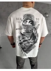 Unisex Baskılı Oversize T-Shirt - Beyaz