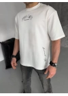 Unisex Baskılı Oversize T-Shirt - Beyaz