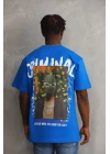 Unisex Baskılı Oversize T-Shirt - Mavi