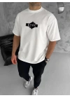 Unisex Bisiklet Yaka Baskılı Double Oversize T-Shirt - Beyaz