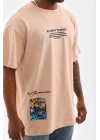 Unisex Bisiklet Yaka Baskılı Oversize T-Shirt - Bej