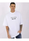 Unisex Bisiklet Yaka Baskılı Oversize T-Shirt - Beyaz