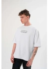Unisex Bisiklet Yaka Baskılı Oversize T-Shirt - Beyaz