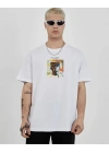 Unisex Bisiklet Yaka Baskılı Oversize T-Shirt - Beyaz