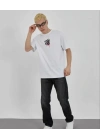 Unisex Bisiklet Yaka Baskılı Oversize T-Shirt - Beyaz