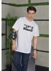Unisex Bisiklet Yaka Baskılı Oversize T-Shirt - Beyaz