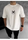 Unisex Bisiklet Yaka Baskılı Oversize T-Shirt - Beyaz