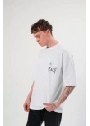 Unisex Bisiklet Yaka Baskılı Oversize T-Shirt - Beyaz