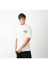 Unisex Bisiklet Yaka Baskılı Oversize T-Shirt - Beyaz
