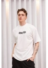 Unisex Bisiklet Yaka Baskılı Oversize T-Shirt - Beyaz
