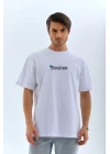 Unisex Bisiklet Yaka Baskılı Oversize T-Shirt - Beyaz