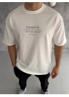 Unisex Bisiklet Yaka Baskılı Oversize T-Shirt - Beyaz