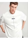 Unisex Bisiklet Yaka Baskılı Oversize T-Shirt - Beyaz