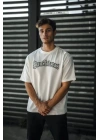 Unisex Bisiklet Yaka Baskılı Oversize T-Shirt - Beyaz