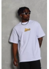 Unisex Bisiklet Yaka Baskılı Oversize T-Shirt - Beyaz