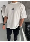Unisex Bisiklet Yaka Baskılı Oversize T-Shirt - Beyaz