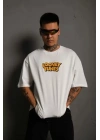 Unisex Bisiklet Yaka Baskılı Oversize T-Shirt - Beyaz
